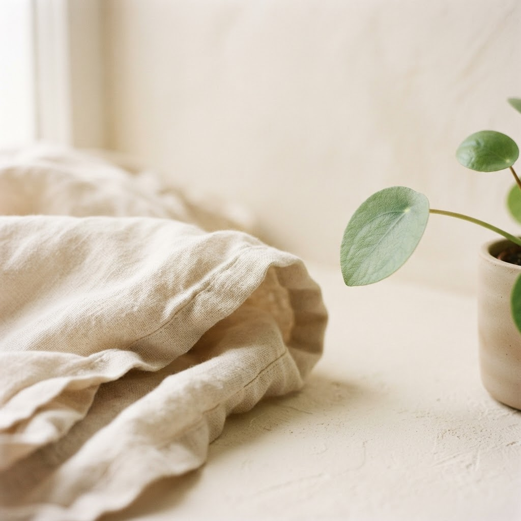 Detalle de lino suave junto a una hoja verde, con luz natural cálida